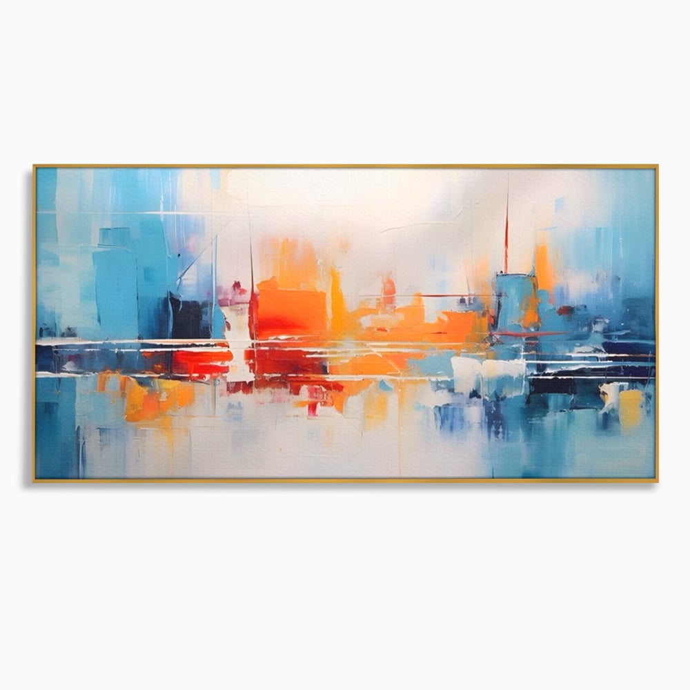 Tablou canvas cu pictura abstracta cu peisaj urban, in rama de aluminiu auriu